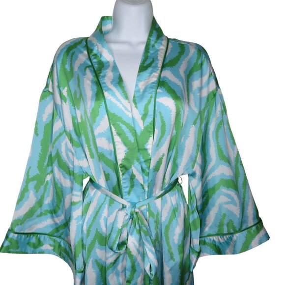 Diane Von Furstenberg Womens Long Robe L Green Blue Zebra Disco Recycled Poly - Picture 5 of 11